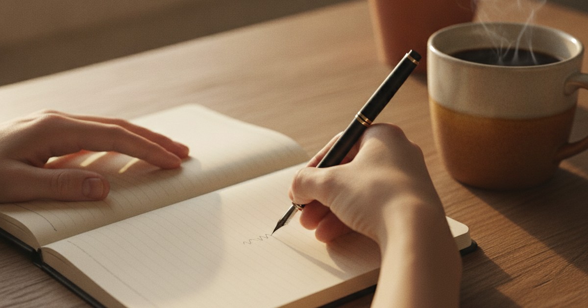 Hands writing in a blank planner notebook at a home desk