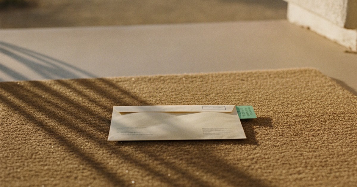 Certified mail envelope on a porch doormat in golden light