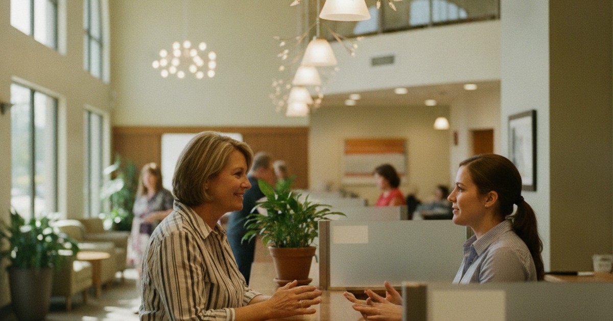 Person at a credit union teller window in a warm-lit branch