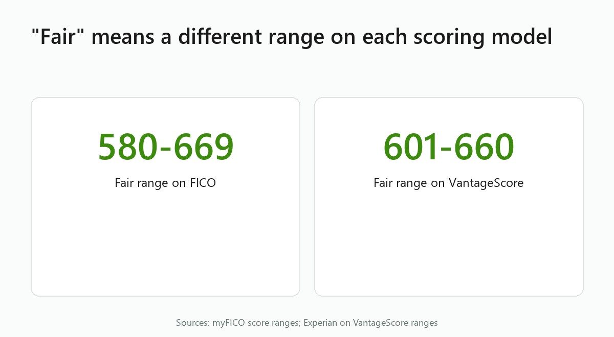 Stat cards: FICO's fair range is 580 to 669, VantageScore's fair range is 601 to 660