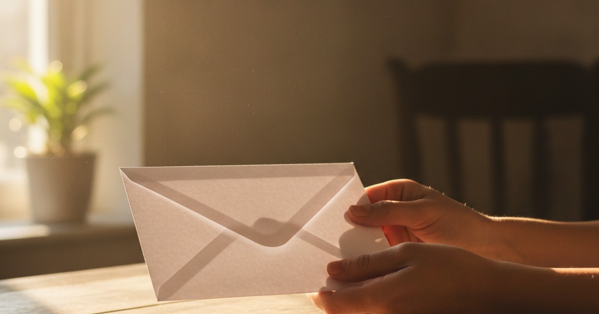 Hands holding a plain white envelope in warm window light