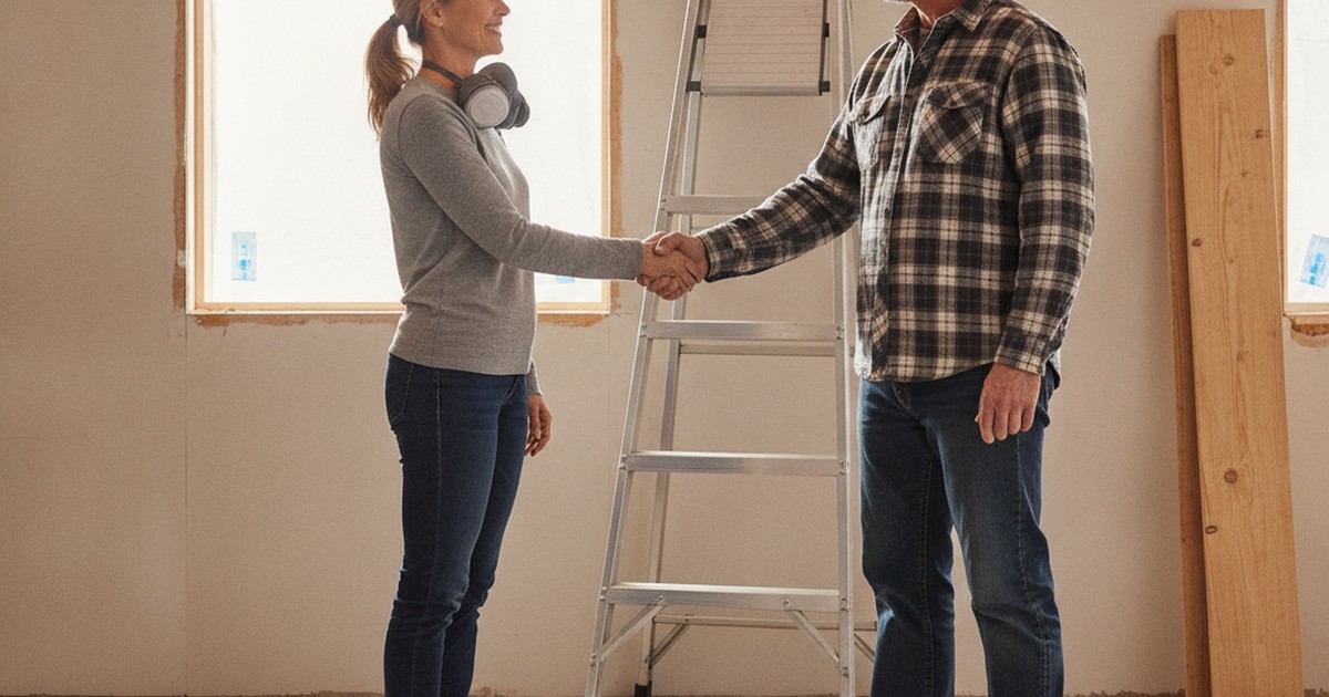 Homeowner and contractor shaking hands during a home renovation