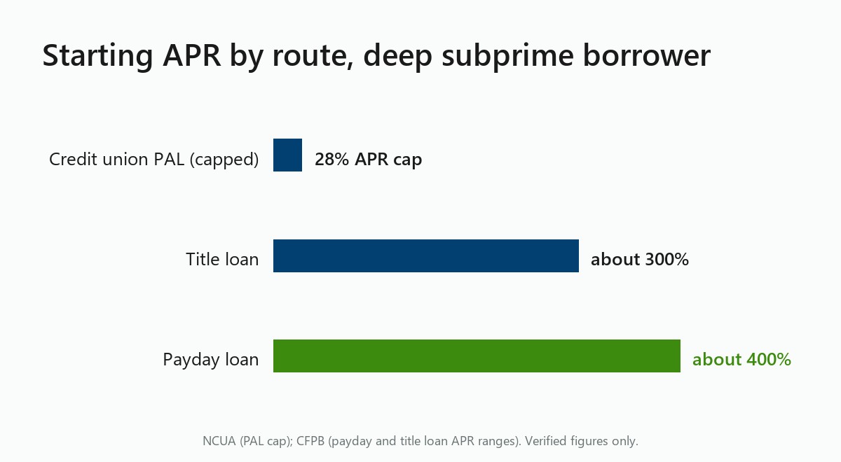 Chart: PAL loans capped at 28 percent APR versus about 300 percent for title and 400 for payday
