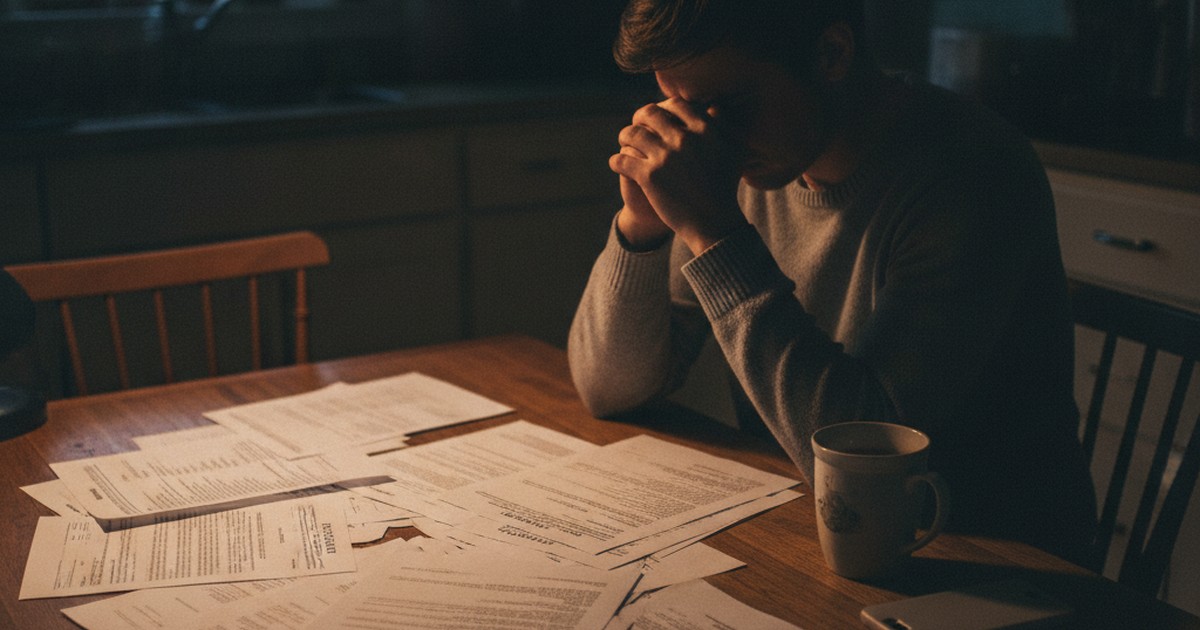 Person reviewing loan papers at a kitchen table late at night