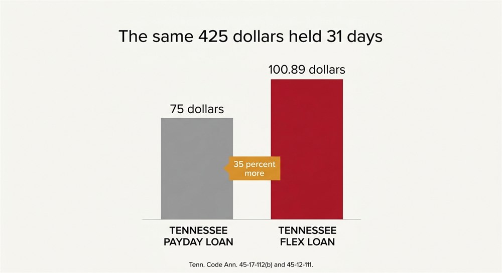 Cost of 425 dollars held 31 days as a Tennessee payday loan versus a flex loan