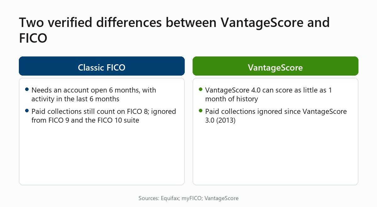 Side-by-side: FICO vs VantageScore minimum history and treatment of paid collections