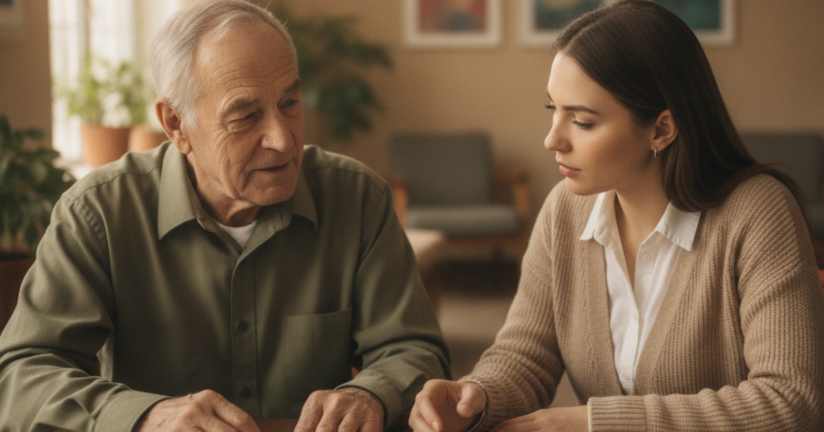 Veteran and counselor reviewing paperwork together at a resource center