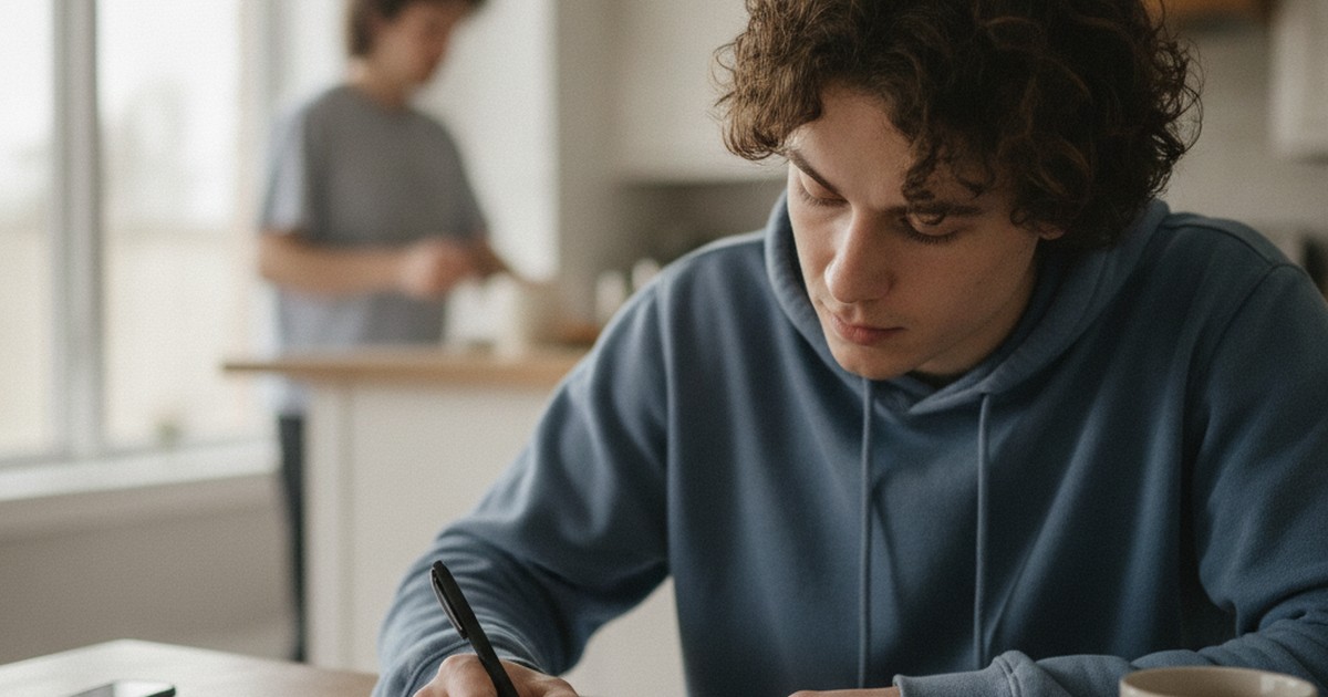 Young adult filling out a paper application at a kitchen table